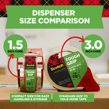 Moving tape dispenser size comparison showing 1.5 and 3.0 inch core graphics
