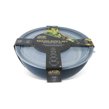 Blue nesting mixing bowl set with matching clear lids, shown in package