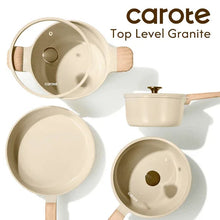 Cream ceramic saucepan set with matching lids and wood-look handles, multiple sizes