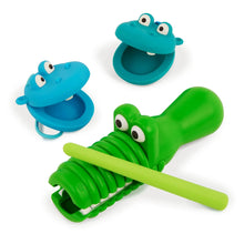 Green and blue animal-shaped toy instruments with xylophone-style drum mallets