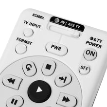 White remote control close-up with PWR, ON/OFF, and arrow navigation buttons