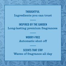 Scented oil refill features panel: long-lasting fragrance, auto shutoff, scents all day