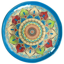 Blue melamine dinner plate with colorful floral mandala center and border