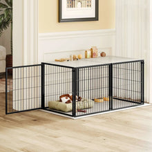 Black wire dog kennel pen with low bed and bowls, indoor corner setup.