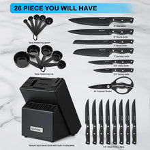 26-piece knife set with black block, built-in sharpener, measuring cups, spoons, and blades.