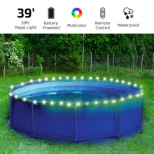 RGB LED rope lights installed around an above-ground pool rim, multicolor glow