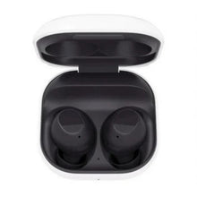 Graphite true wireless earbuds in open charging case