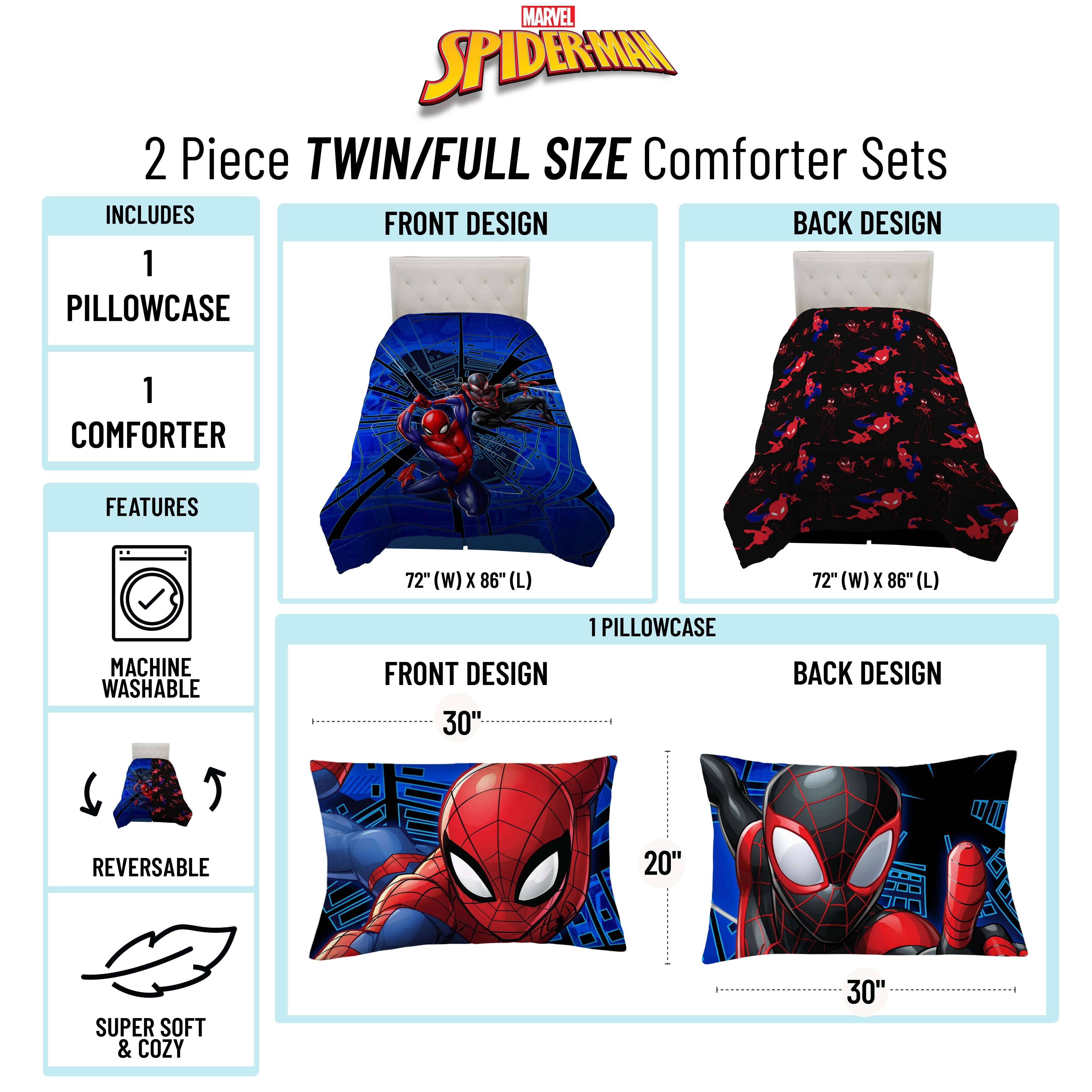 Spiderman Techno City Kids 2 Piece Blue Reversible Comforter and Pillowcase Set, Twin/Full