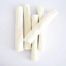 Beefhide dog chew sticks, white rolled rawhide pieces