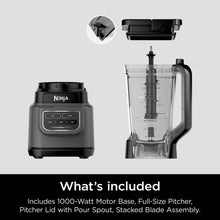 Dark gray blender base and clear pitcher with stacked blade assembly