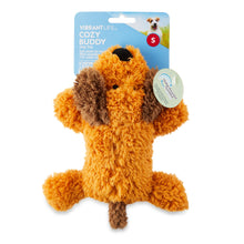 Cozy Buddy plush dog toy in package, orange body with brown ears