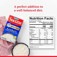 Success basmati rice box with nutrition facts label beside cooked rice