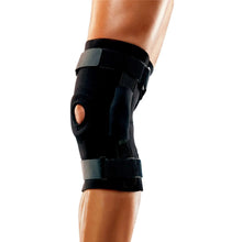 Black hinged knee brace on leg with two adjustable band straps