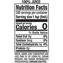 Nutrition Facts panel for 100% lemon juice, calories 0, serving size 1 tsp (5 mL)