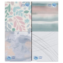 Ultra Soft facial tissues box panels with pastel floral and blue patterns