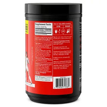Creatine powder container showing supplement facts panel on red label, black lid