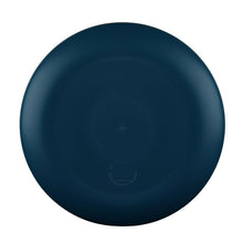 Navy plastic dinner plate underside view with faint branding and marks