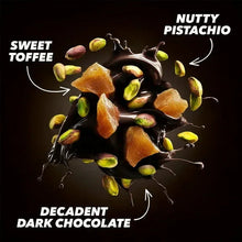 Dark chocolate toffee and pistachio snack graphic with green pistachios