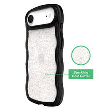 Black wavy grip phone case with glitter-speckled light back and side camera cutout