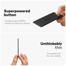 Black Chipolo CARD held between fingers, showing side profile and circular button