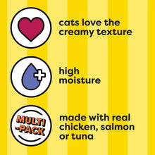 Temptations lickable puree cat treat benefits panel: creamy texture, high moisture, multi-pack