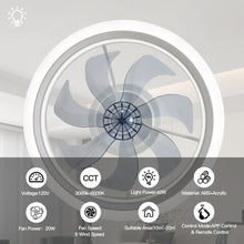 White ceiling fan with LED ring showing CCT and power specs icons