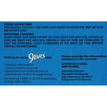 9Lives Paté Favorites wet cat food variety pack box back with feeding and nutrition info