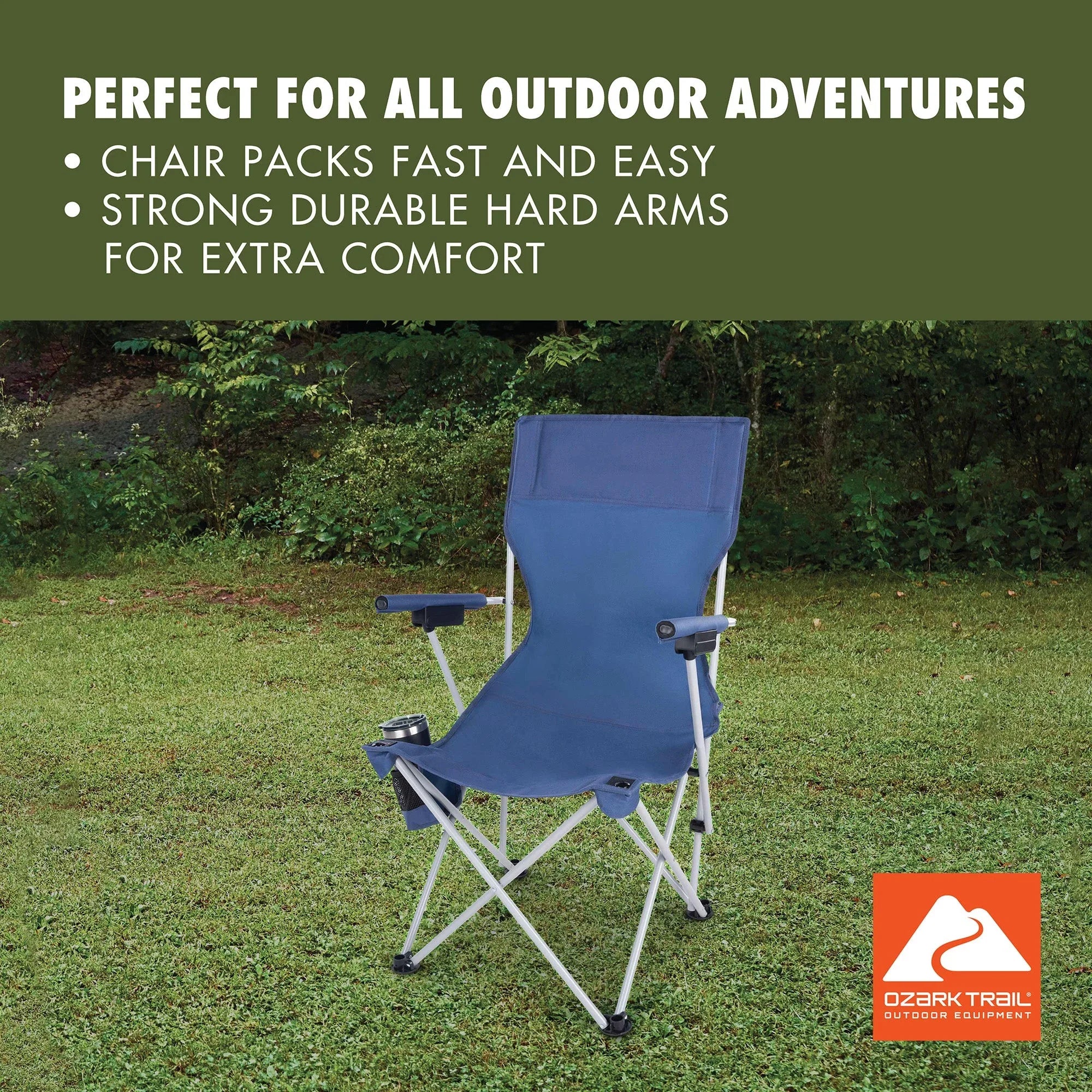 Ozark Trail Hard Arm Camping Chair with Durable Polyester Seat and Steel Frame, Portable with Cup Holder - USA MEGA SHOP