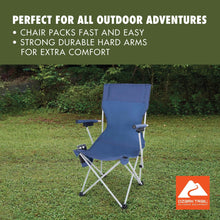 Blue folding hard-arm camping chair with cup holder, padded seat and back
