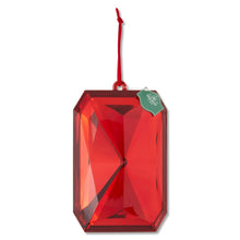 Red faceted gem Christmas ornament with red hanging loop and green tag