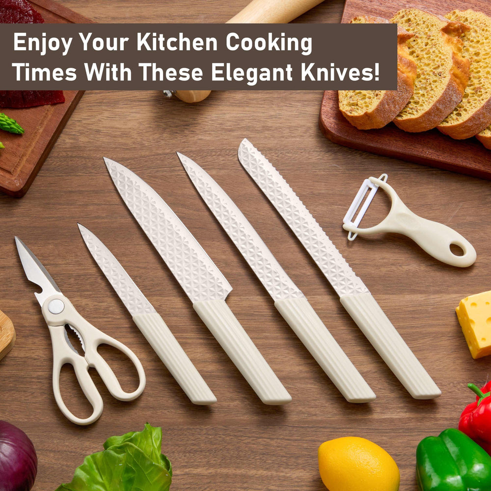 Vesteel Kitchen Knife Set of 7, Professional Stainless Steel Knives Set for Kitchen with Universal Knife Block - Khaki - USA MEGA SHOP