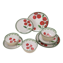 Tomato and leaf dinnerware set with plates and bowls, beige and white accents