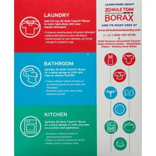 Borax detergent booster box back panel with laundry, bathroom, and kitchen uses