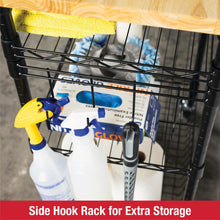 3-tier rolling utility cart with side hook rack and cleaning bottles on wire shelves