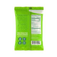 Puffed white rice snack bag back panel with nutrition facts and allergen-free icons