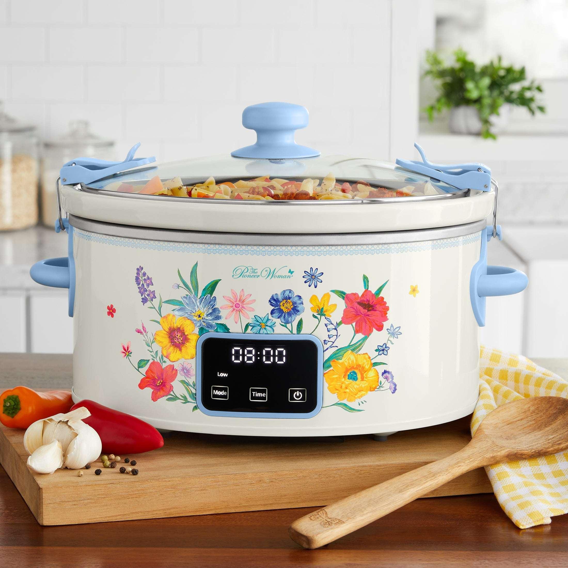 The Pioneer Woman 6-Quart Slow Cooker, Locking Lid, Digital, Brilliant Blooms, - USA MEGA SHOP