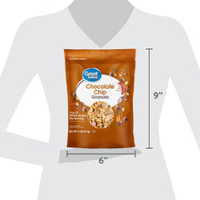 Chocolate chip granola pouch with front branding and size markings
