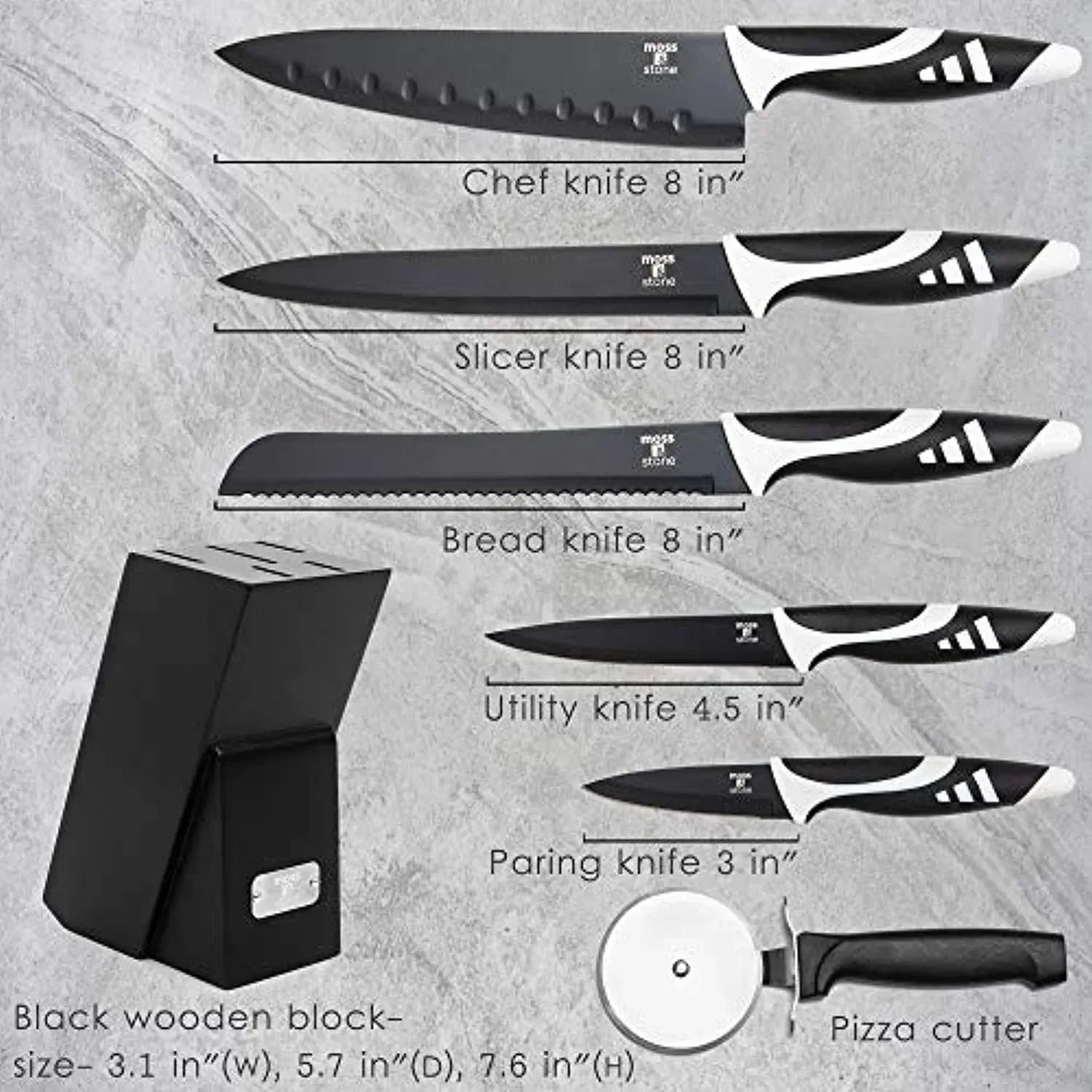 Moss & Stone Professional Kitchen Knife Chef Set, Small Knife Set With Block, Black Titanium Plated Kitchen Knife Set, Stainless Steel Scratch Resistant & Rust Proof Sharp Kitchen Knives.