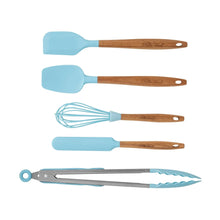 Blue silicone spatulas, whisk, and tongs with acacia wood handles