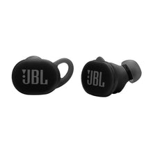 Pair of black true wireless earbuds with ear hooks and JBL logo
