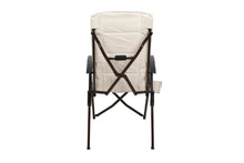 High back reclining lounge chair with cream seat and back, black frame and cross brace