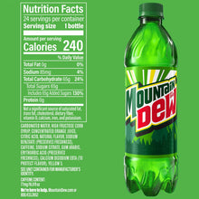 Mountain Dew green soda bottle with nutrition facts label