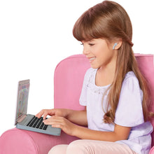 Child using pink pretend laptop with Princess-themed screen and black keyboard
