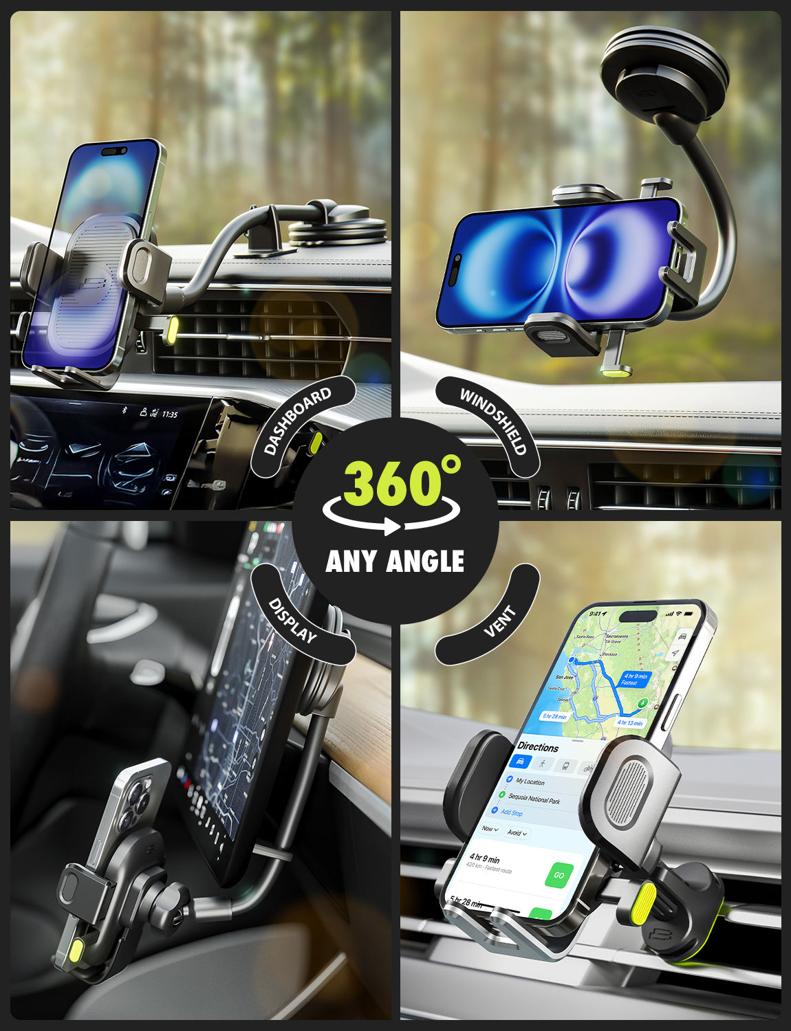 Bracketron OneClick 3-in-1 Car Phone Mount for Dashboard, Windshield & Vent with 7” Flexible Gooseneck, One-Handed Click Grip, 360° Rotation, TemperBond Suction