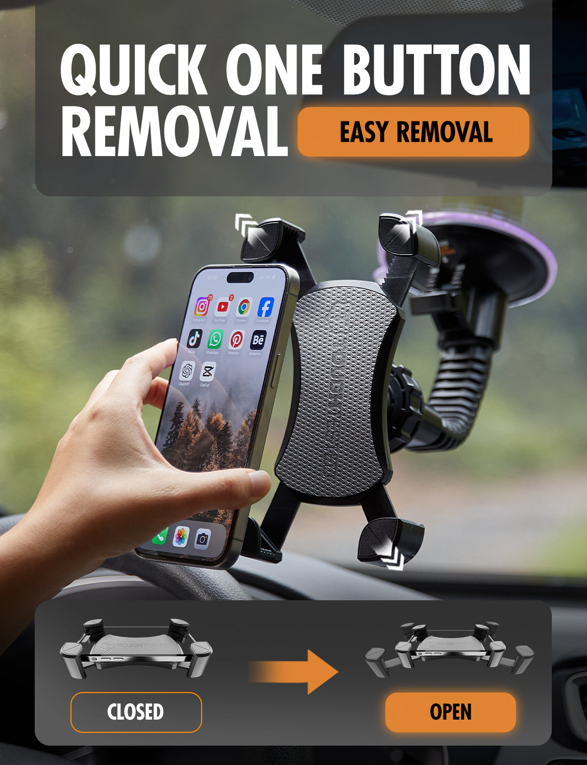 ToughTested Mammoth Windshield Phone Mount with Double-Ribbed Gooseneck, Extra-Large 4.25” Suction Cup, 4-Way Locking Claw Grip, 360° Rotation & One-Button Release