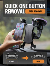 Phone mount with one-button release clamp and flexible suction base