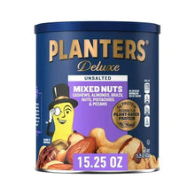Mixed nuts snack can showing 15.25 oz count and unsalted variety