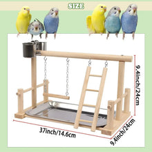 Wooden bird play stand with ladder, metal feeder cup, hanging chains, and stainless tray
