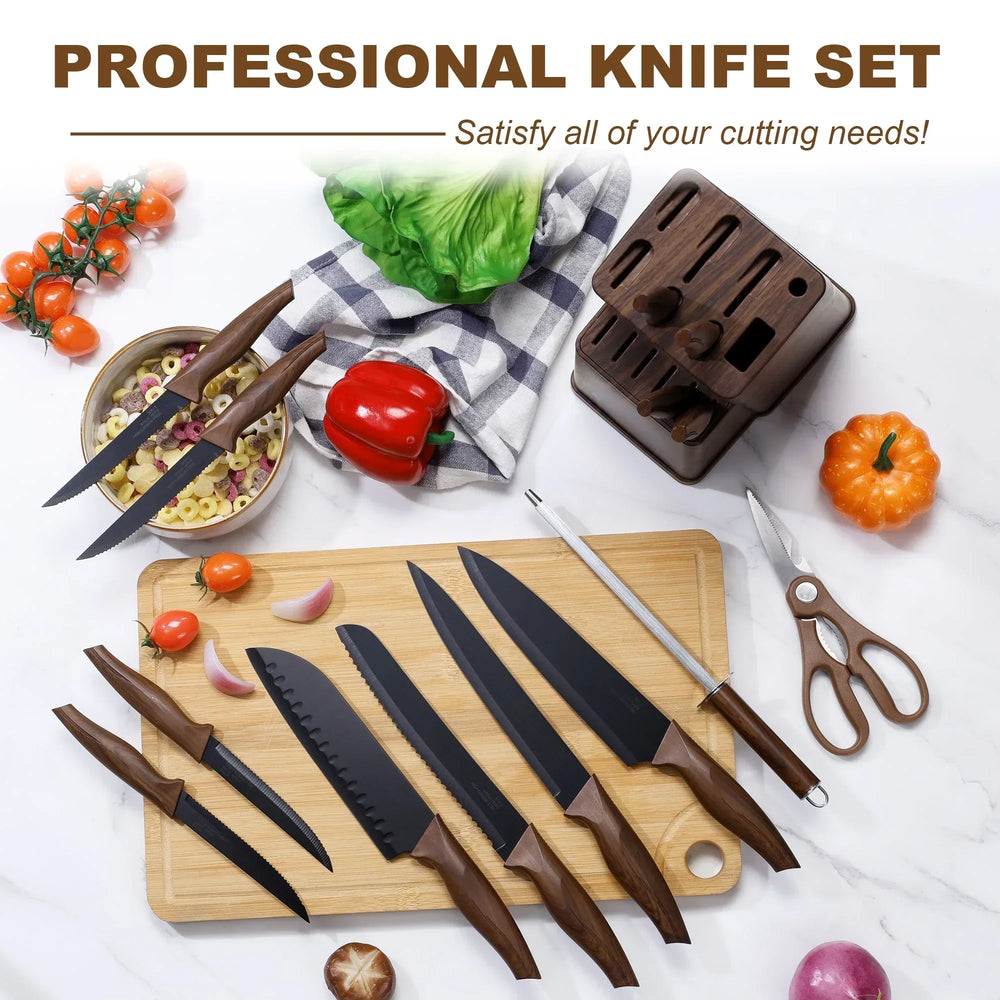 Vesteel Knife Set for Kitchen with Block, 15 Pcs High Carbon Stainless Steel Kitchen Knife Set with Self Sharpening - USA MEGA SHOP