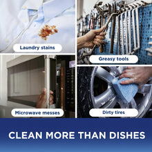 Dishwashing detergent promo collage with laundry stains, greasy tools, and dirty tires